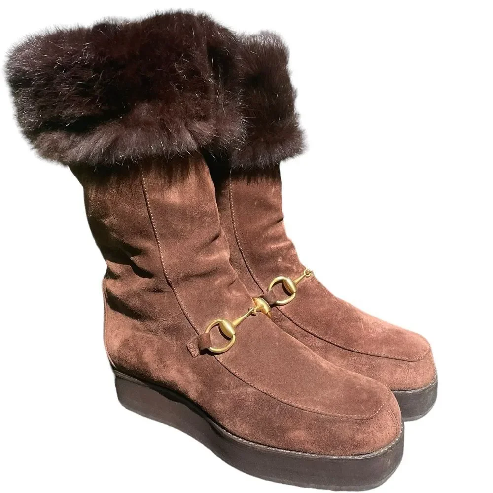 GUCCI Horsebit Gold Accent Boots Brown Suede Fur Cuff And Lined Platform Size 5